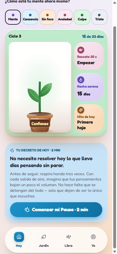 Tu pantalla principal: elige cómo te sientes, recibe tu decreto y mira crecer tu planta